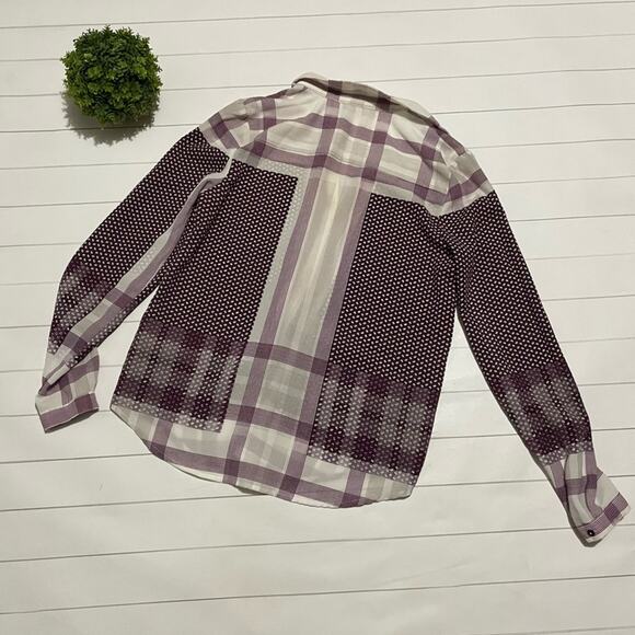 FYLO London Maroon White Plaid Chiffon Sheer‎ Button Front Top Blouse Small - Picture 5 of 7